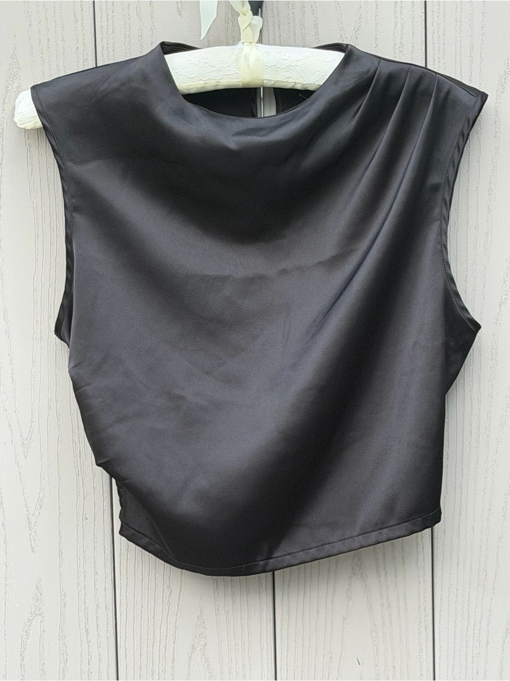 Sincerely Jules Black Satin Mock-Neck Sleeveless Top- medium- classy